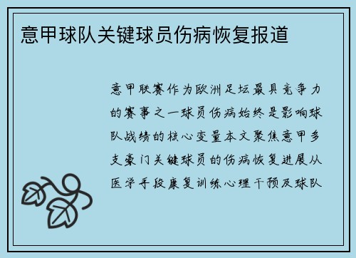 意甲球队关键球员伤病恢复报道